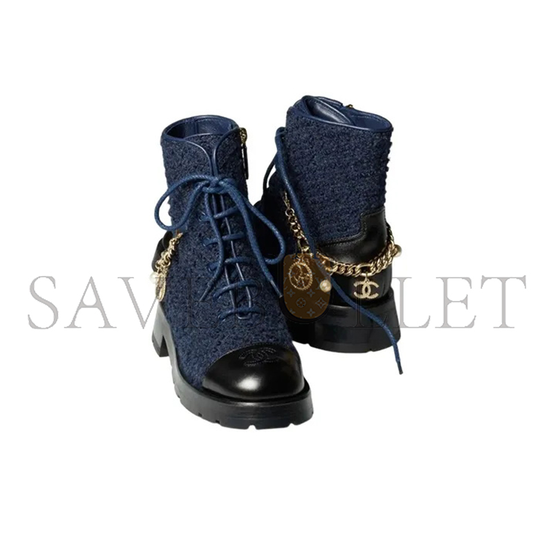 CHANEL LACE-UPS WOOL TWEED, CALFSKIN & METAL NAVY BLUE & BLACK G39393 Y56125 K4839
